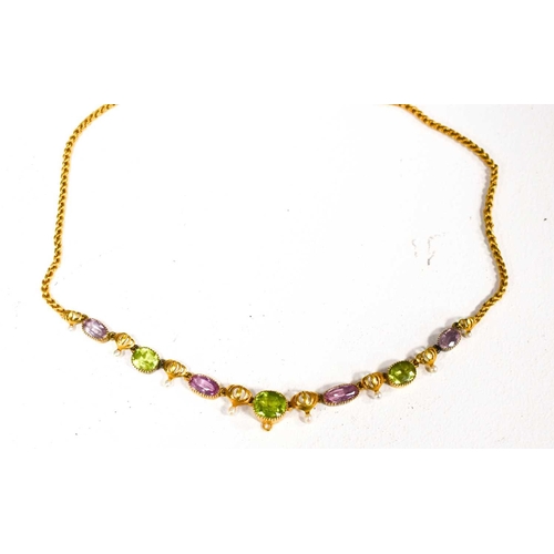 153 - A gold, peridot, pink quartz and seed pearl necklace, the central old cut peridot 9 by 7mm, with gra... 