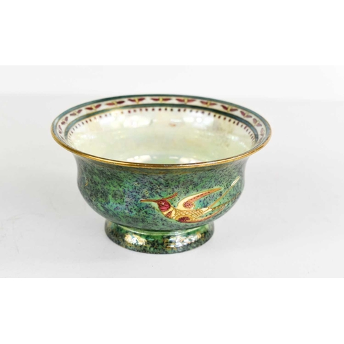 157 - Wedgwood Fairyland lustre York bowl with deep green mottled pearl ground and depicting birds of para... 