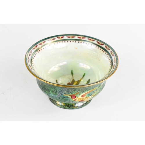 157 - Wedgwood Fairyland lustre York bowl with deep green mottled pearl ground and depicting birds of para... 