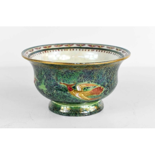 157 - Wedgwood Fairyland lustre York bowl with deep green mottled pearl ground and depicting birds of para... 