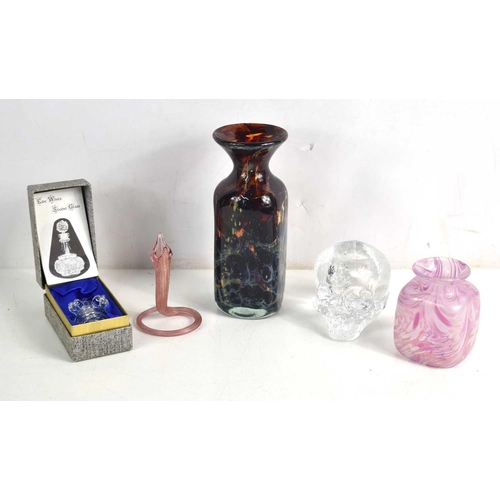 188 - A Kosta Voda glass skull votive together with a Mdina glass vase, a glass snake vase, an Eric White ... 