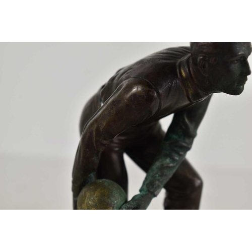 257 - An Art Deco bronze sculpture of a man bowling in the style of Schmidt Hofer, raised on a marble base... 