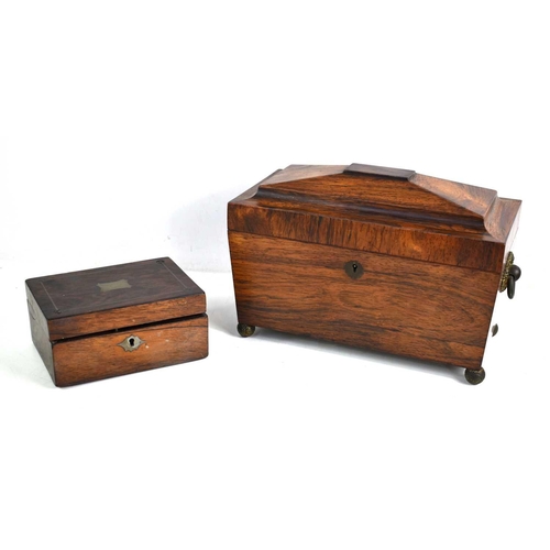 269 - A 19th century rosewood tea caddy of sarcophagus form together with a small brass inlaid box.