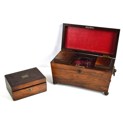 269 - A 19th century rosewood tea caddy of sarcophagus form together with a small brass inlaid box.