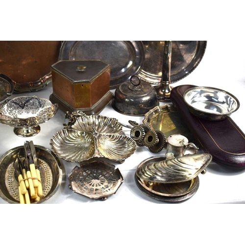 292 - A quantity of silver plated items to include trays, fish knives and forks, bon bon dish, scallop for... 