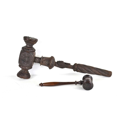 299 - A 19th century Masonic carved wooden ceremonial gavel, carved with various masonic symbols, 36cm, to... 