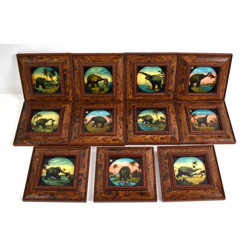 308 - A collection of framed magic lantern slides, hand coloured an depicting elephant and figures.