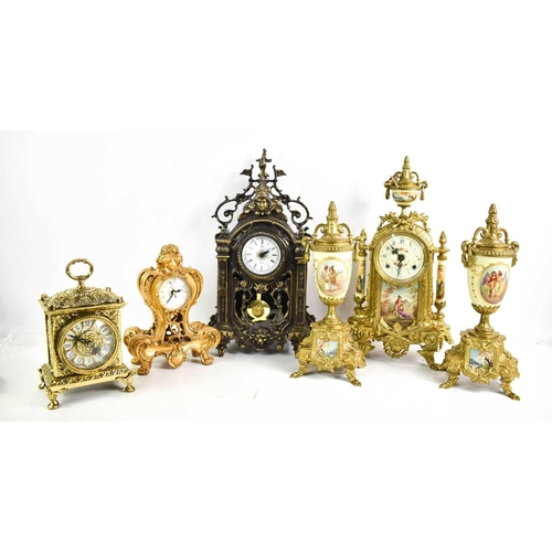 328 - A selection of decorative mantle clocks to include a French garniture; the clock with urn form finia... 