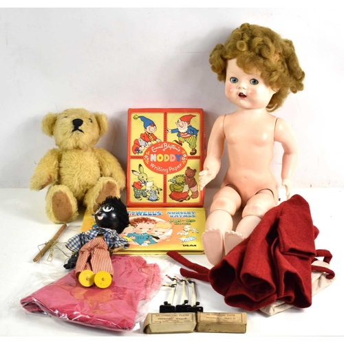 343 - A vintage Pedigree doll together with a teddy bear, Pellham puppet, Hornby 00 gauge signals and othe... 