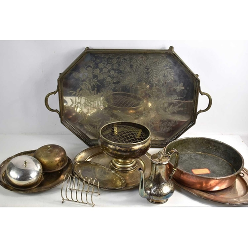 378 - A group of silver plated and copper ware to include a large tray, rose bowl, toast rack, serving tra... 