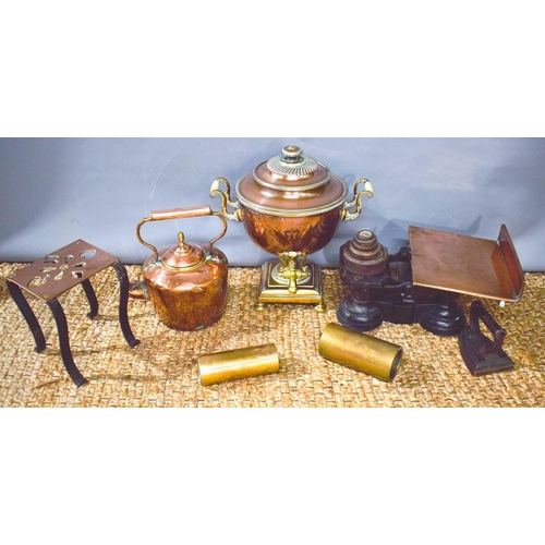 383 - A group of Victorian copperware to include a kettle, samovar, kettle stand, and a cast iron and copp... 