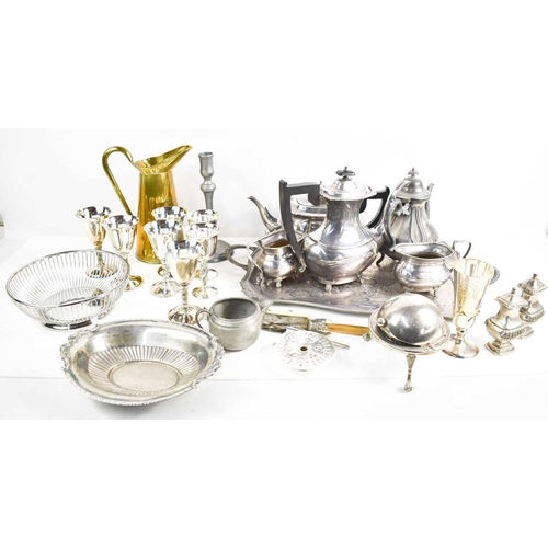 384 - A selection of silver plateware, to include a set of goblets, a tea service and tray, bowls and othe... 