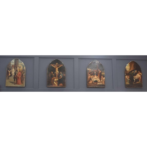 400 - Four ecclesiastical 19th century arch form paintings depicting four of the Stations of the Cross, to... 