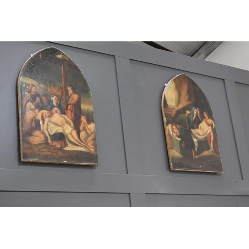 400 - Four ecclesiastical 19th century arch form paintings depicting four of the Stations of the Cross, to... 