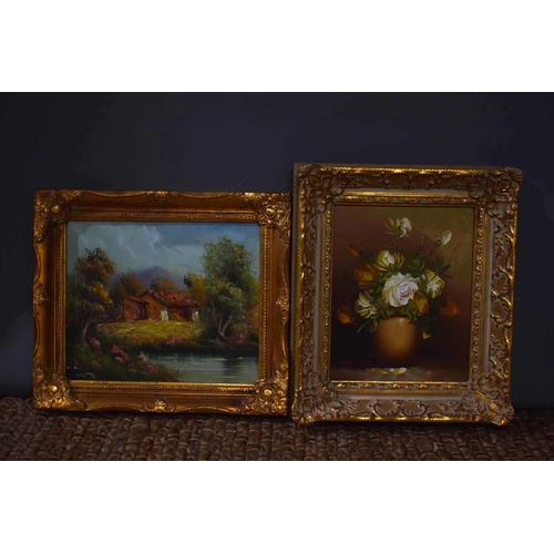 401 - Two oil on canvas 20th century paintings, one depicting a vase of flowers, the other a cottage by a ... 