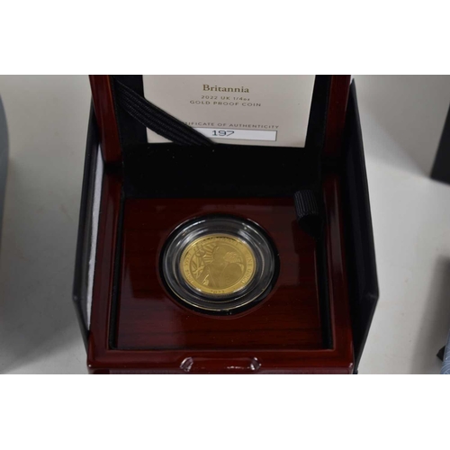 87 - A Royal Mint 1/4 oz gold proof Britannia coin, issued in 2022, with certificate and box.