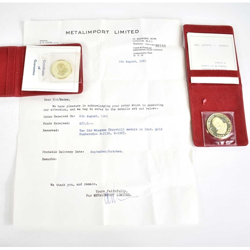 88 - Two 18ct gold Sir Winston Churchill Commemorative Medals, with certificates and reciept, total weigh... 