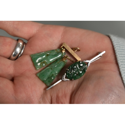 236 - A gold and carved jade pendant, (tested as 9ct) together with a 9ct white gold and jade bar brooch.