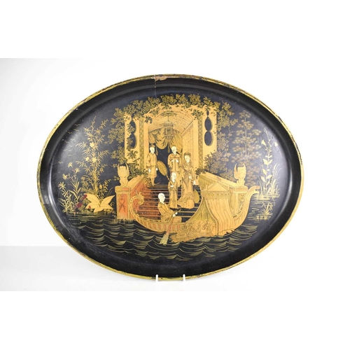 247 - A 19th century black lacquered Chinoiserie tray depicting court scene, penned gilding and painted fa... 