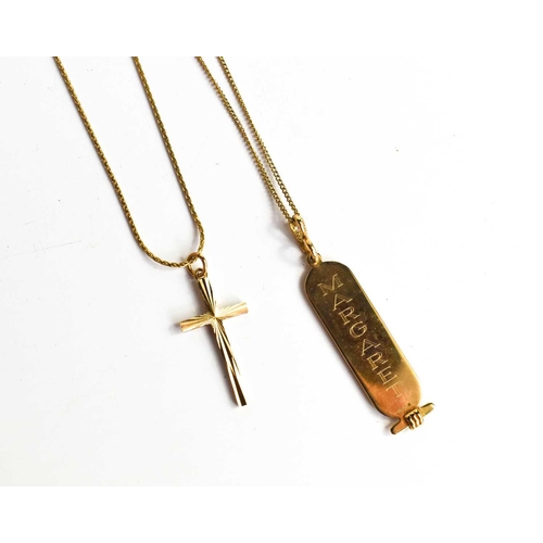 155 - A 9ct gold pendant necklace, the pendant in the form of a cross, together with a 9ct gold pendant ne... 