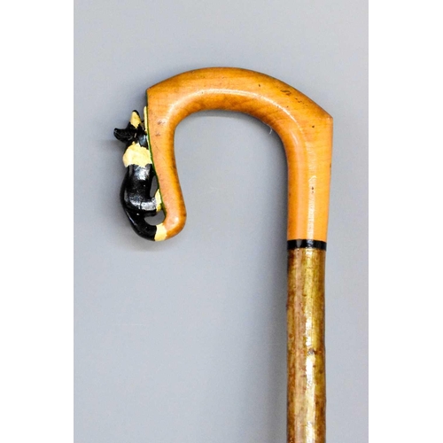 256 - A vintage shepherds crook, the handle carved in the form of a sheepdog and painted with detail.