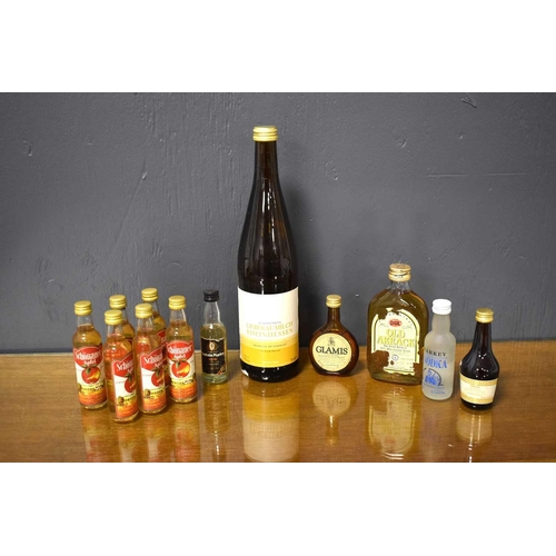 69a - A group of alchohol to include a bottle of Liebfraumilch, Glamis blended whisky miniature, Old Arrac... 