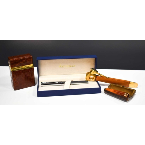 87 - A 9ct gold and amber cigar holder, with the WB Best Make leather case, a Waterman of Paris pen with ... 