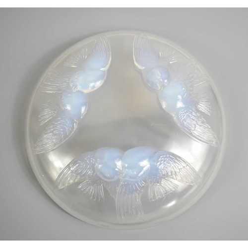 145 - A Rene Lalique glass bowl, embossed with lovebirds, impressed signature, 22cm diameter.