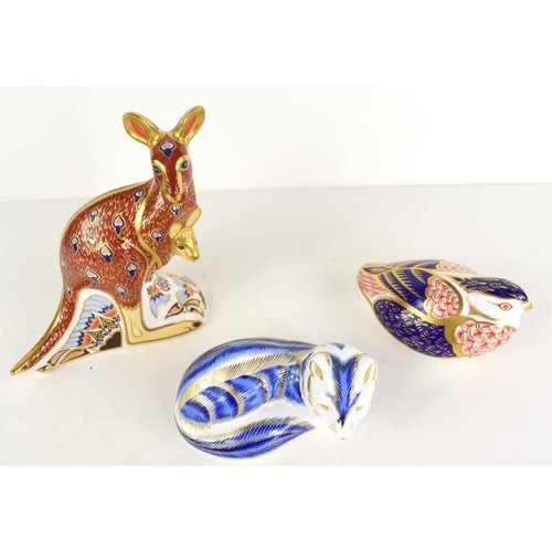 160 - Three Royal Crown Derby animal figurines, including bird, LIV with silver stopper, a Kangaroo MMI wi... 