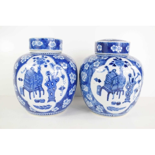 192 - A pair of Chinese blue and white ginger jars, the body decorated with prunus blossom, the central vi... 