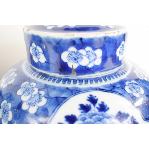 192 - A pair of Chinese blue and white ginger jars, the body decorated with prunus blossom, the central vi... 