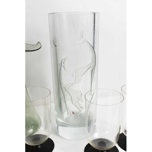 198 - A group of mid-century glass, to include a 1960s French Serreb glass vase, etched with gazelle, sign... 