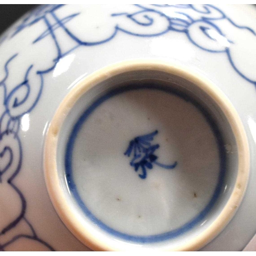 250 - An 18th century Kangxi Chinese blue and white tea bowl decorated with flowers and a butterfly, 10cm.... 