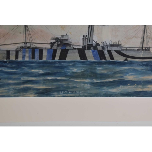 286 - A watercolour painting of HMS Lingfield, unsigned, 59cm by 34cm.