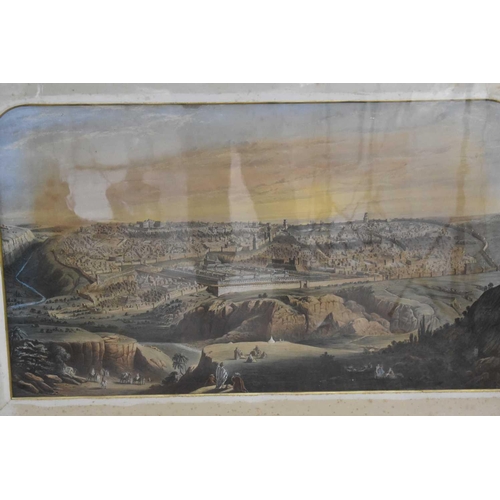 288 - A large 19th century coloured print of Jerusalem set in a decorative plaster frame, 59cm by 100cm.