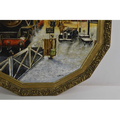 296a - B. Dunster (20th century): A oil on board depicting a steam locomotive travelling through a station,... 