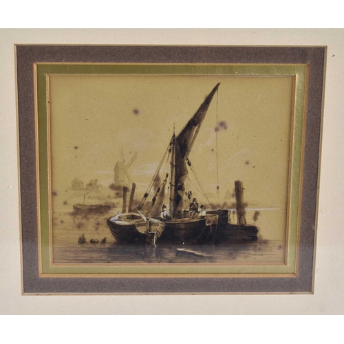 306a - William Henry Bartlett,(1809 - 1854): Sailing ships in an estuary, sepia drawing, 12.5cm by 11cm.