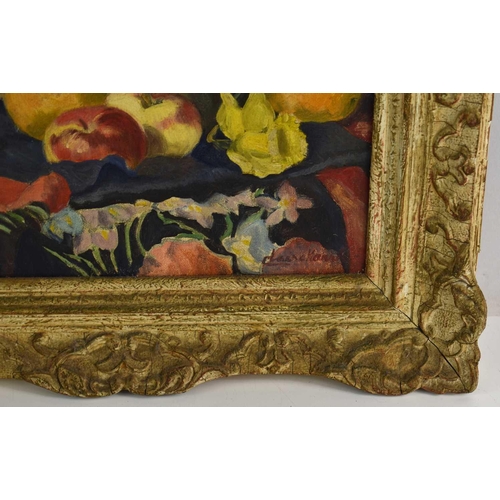 310a - Claire Hannis??: oil on canvas, still life of flowers, indistinctly signed lower right, in a decorat... 