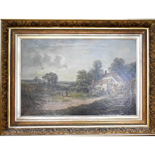 321 - A 19th century oil on canvas, depicting two figures beside a cottage, indistinctly signed, 50 by 74c... 