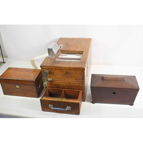 344 - A vintage Gledhill Halifax oak cased cash register, 49cm by 27cm by 25cm high, together with two Vic... 