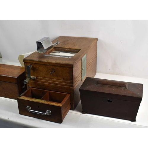 344 - A vintage Gledhill Halifax oak cased cash register, 49cm by 27cm by 25cm high, together with two Vic... 