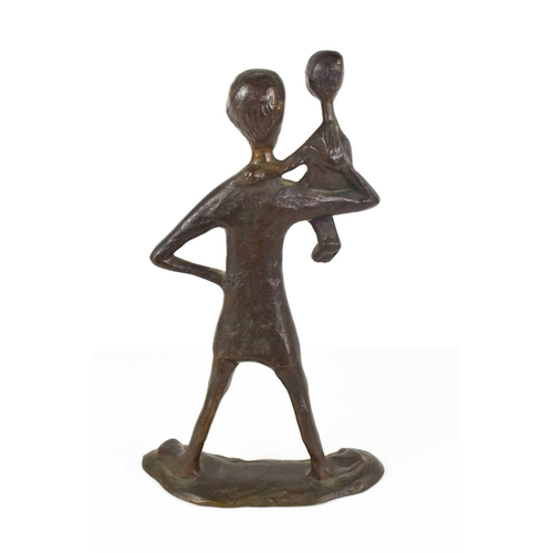 355 - A modernist bronze sculpture, father with son upon his shoulder, apparently unsigned, 27cm high.