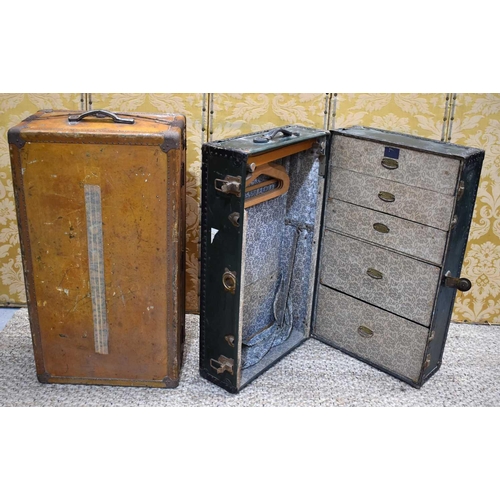 401 - Two vintage hard case travelling wardrobes with fitted interiors (one is locked) one yellow ochre th... 