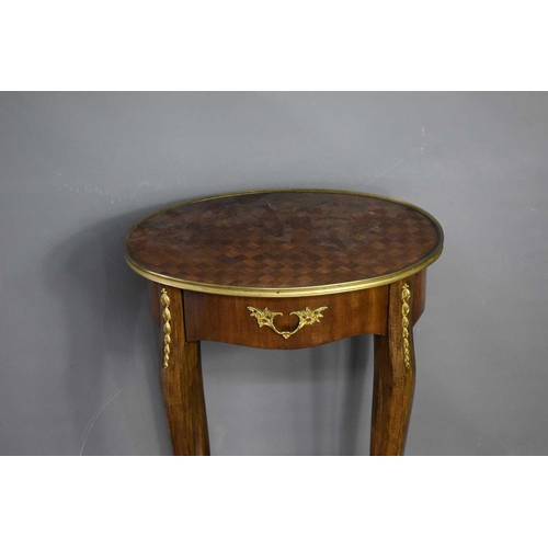 404 - A French ormolu mounted parquetry and kingwood side table with single drawer, 75cm high.