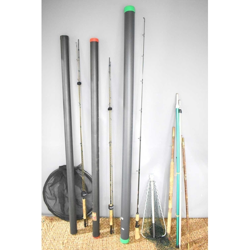 71 - A group of fishing rods and nets to include two Daiwa Whisker Kevlar fly rods, a Masterline 