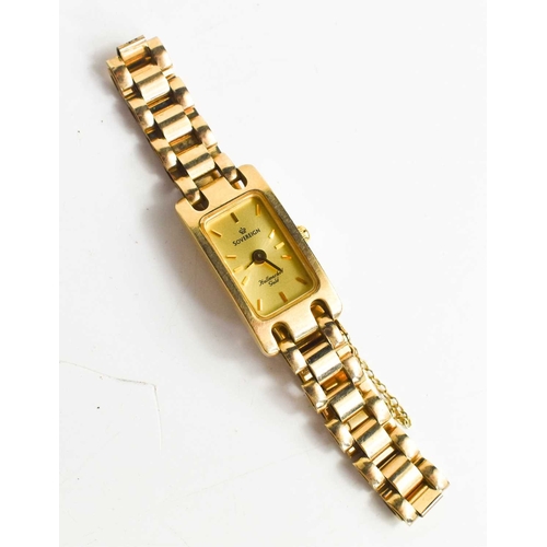 341 - A 9ct gold Sovereign ladies wristwatch, with 9ct gold strap, baton dial, with safety chain, 15.51g.