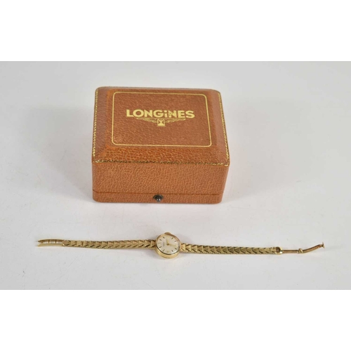 345 - A Longines 9ct gold ladies cocktail watch on a 9ct gold strap, 15g, with box.