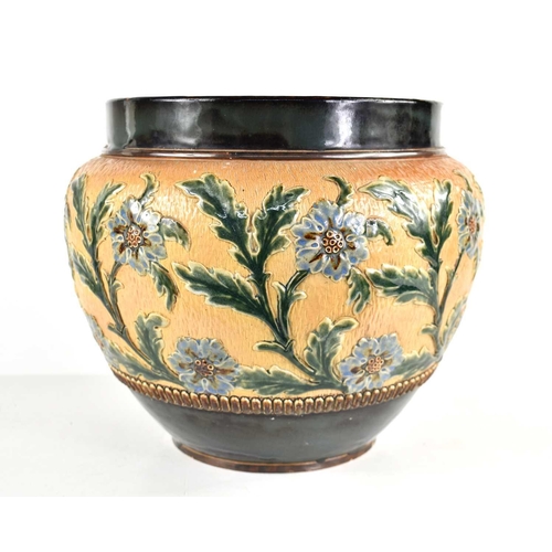 288 - A Doulton Lambeth stoneware jardiniere with blue and green floral design on a yellow base. 29cm.