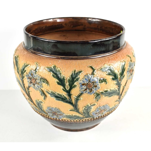 288 - A Doulton Lambeth stoneware jardiniere with blue and green floral design on a yellow base. 29cm.