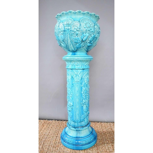 290 - A 19th Century Burmantofts Turquoise Jardiniere. 94cm high